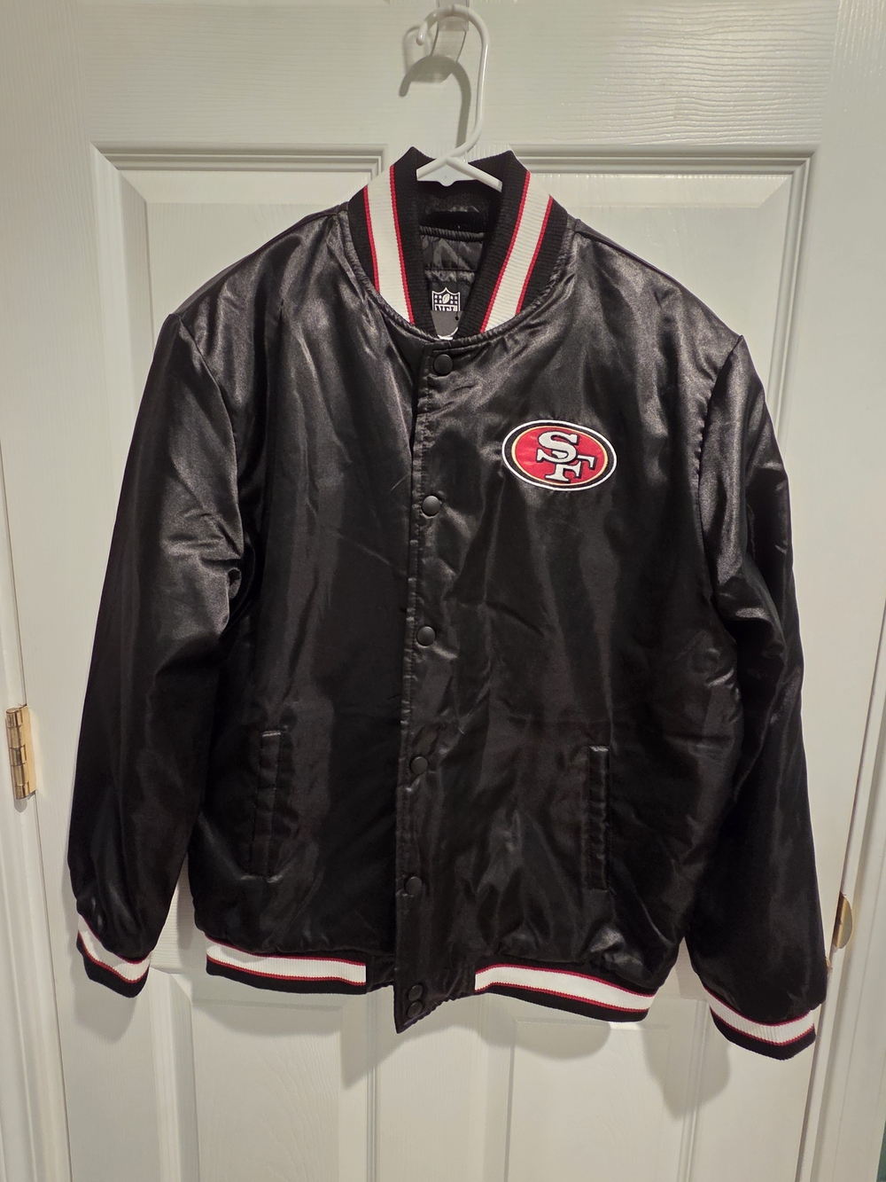 NFL San Francisco 49ers Black Satin Bomber Jacket with Red & White Trim